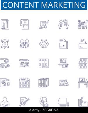 Content marketing line icons signs set. Design collection of Content, Marketing, Strategy, Distribution, Audience, Writing, SEO, Social outline Stock Vector