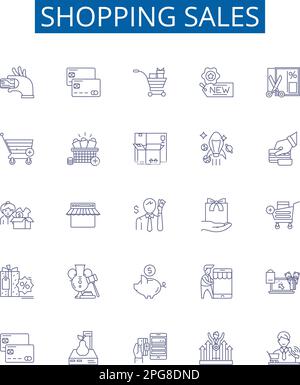Shopping sales line icons signs set. Design collection of Deals, Bargains, Discounts, Savings, Promotions, Clearance, Frugality, Offerings outline Stock Vector