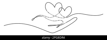 Continuous one line drawing arms holding two hearts. Love linear concept. Vector isolated on white. Stock Vector