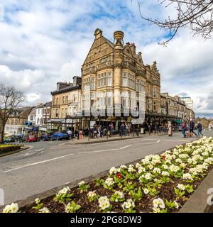 HARROGATE, UK - MARCH 18, 2023.  The exterior Victorian architecture of Betty's Cafe and Tea Rooms in Harrogate, North Yorkshire with Springtime flora Stock Photo