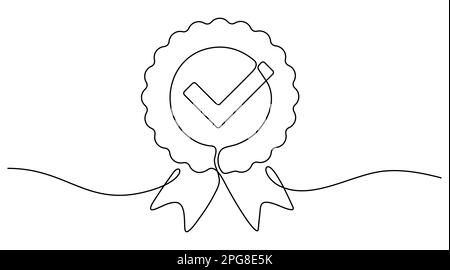 Award badge continuous line art drawn. Approval check sign. Certificate contour line. Vector illustration isolated on white. Stock Vector