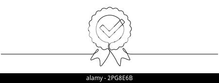 Award badge continuous line art drawn. Approval check sign. Certificate contour line. Vector illustration isolated on white. Stock Vector