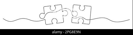Puzzles line art. Jigsaw pieces continuous one line drawing. Vector isolated on white. Stock Vector