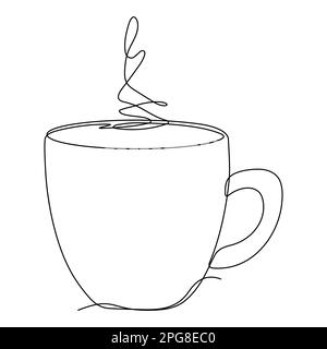 Cup continuous line art. Coffee or tea cup one line drawing. Hot drink with steam. Vector isolated on white. Stock Vector