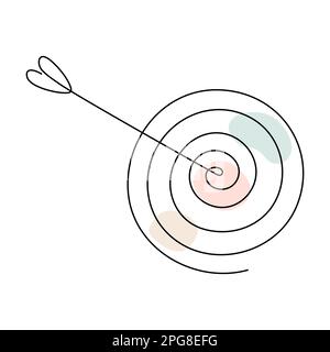 Target with arrow continuous line drawing. Hand drawn linear goal circle with pastel abstract shapes. Vector illustration isolated on white. Stock Vector