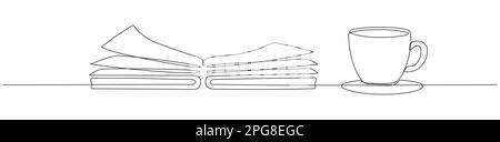 Book with cup of coffee continuous one line art drawing. Vector illustration isolated on white. Stock Vector