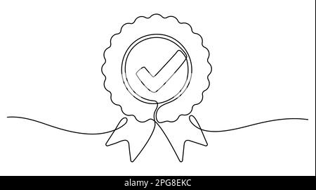 Award badge continuous line art drawn. Approval check sign. Certificate contour line. Vector illustration isolated on white. Stock Vector