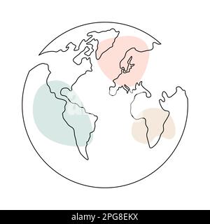 Earth globe continuous one line art. World map doodle linear drawing with pastel shapes. Vector illustration isolated on white background. Stock Vector