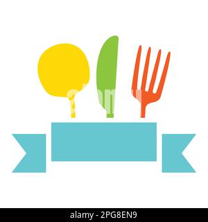 Fork, spoon and knife with ribbon. Cooking elements set. Vector illustration isolated on white. Stock Vector