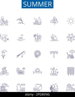 Summer line icons signs set. Design collection of Sun, Heat, Vacation, Pool, Beach, BBQ, Insects, Citrus outline concept vector illustrations Stock Vector