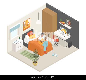 Student or teenager room - vector colorful isometric illustration Stock Vector