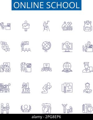 Online school line icons signs set. Design collection of E learning, Virtual, Online, Academy, Classes, Tutoring, Courses, Instruction outline concept Stock Vector
