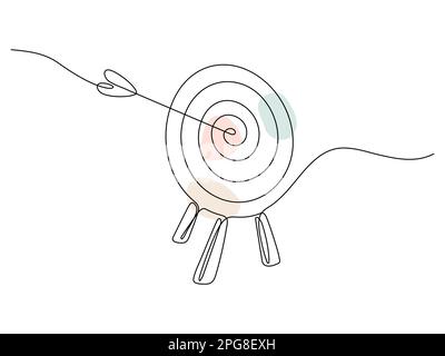 Target with arrow continuous line drawing. Hand drawn linear goal circle with pastel shapes. Vector illustration isolated on white. Stock Vector