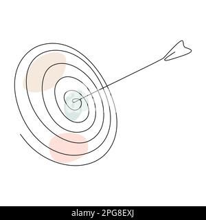 Target with arrow continuous line drawing. Hand drawn linear goal circle with pastel abstract shapes. Vector illustration isolated on white. Stock Vector