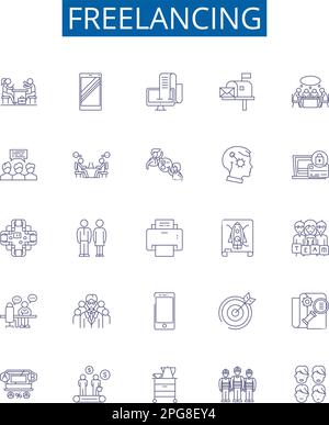 Freelancing line icons signs set. Design collection of Outsourcing, Freelance, Independent contractor, Self employed, Consulting, Online jobs, Remote Stock Vector