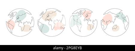 World map one line art collection. Continuous Earth line drawing set. Earth globe hand drawn symbol with pastel shapes group. Vector illustration isol Stock Vector