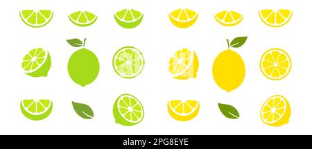 Lime and lemon slices set. Citrus fruits collection. Vector illustration isolated on white. Stock Vector