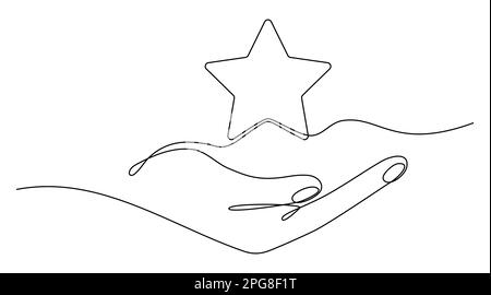 Hand holds star continuous line drawing. Human arms palms. Vector illustration isolated on white. Stock Vector