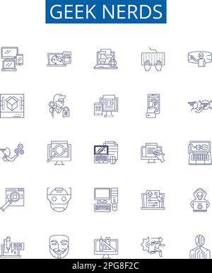 Geek nerds line icons signs set. Design collection of Geek, Nerds, Technology, Programmer, Computer, Nerd, Geeky, Coder outline concept vector Stock Vector