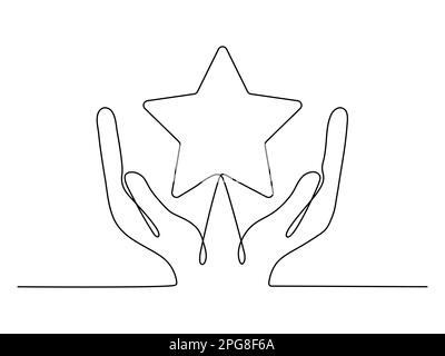 Hand holds star continuous line drawing. Human arms palms. Vector illustration isolated on white. Stock Vector