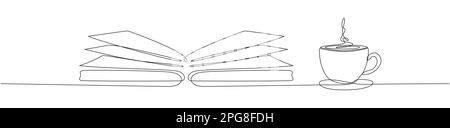Book with cup of coffee continuous one line art drawing. Vector illustration isolated on white. Stock Vector