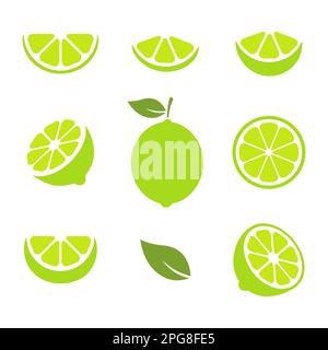 Lime slices set. Citrus green fruits collection. Vector illustration isolated on white. Stock Vector