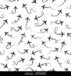 Airplane route in line path seamless pattern. Flying air plane set. Vector isolated on white background. Stock Vector