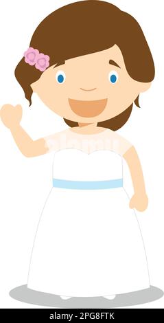 Caucasian bride wearing a wedding dress in cartoon style Vector Illustration Stock Vector