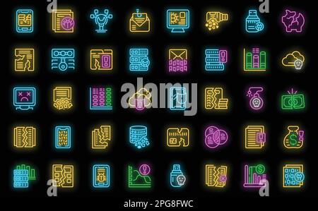 Data loss icons set outline vector. Cloud access. Key attack neon color on black Stock Vector