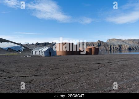 Old Whaling Station (historic site) in Whalers Bay on Deception Island (active volcano) - Antarctica Stock Photo