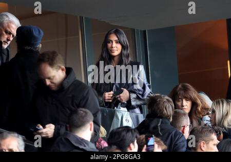 Paris, France. 19th Mar, 2023. Kim Kardashian attends the French championship Ligue 1 football match between Paris Saint-Germain and Stade Rennais (Rennes) on March 19, 2023 at Parc des Princes stadium in Paris, France - Photo Jean Catuffe/DPPI Credit: DPPI Media/Alamy Live News Stock Photo