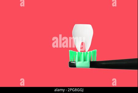Large tooth model placed on top of a black electrical toothbrush isolated on red background with copy space. Stock Photo