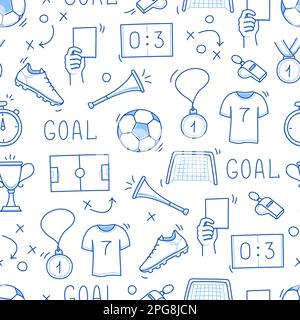 Soccer doodle seamless pattern. Football goal, award cup, whistle hand drawn line doodle sketch style equipment icon. Vector illustration Stock Vector