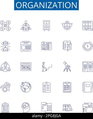 Organization line icons signs set. Design collection of Organize, Group, Arrange, Alliance, Aggregate, Coalition, Collect, Corporation outline concept Stock Vector