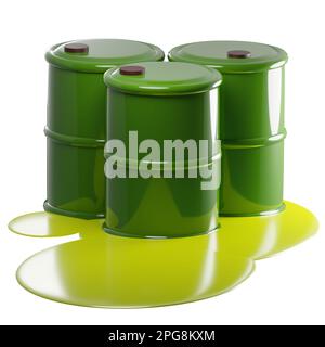 3D rendering of green metal barrels with leaking radioactive liquid. Pollution of environment with waste of chemical industry. Realistic illustration Stock Photo