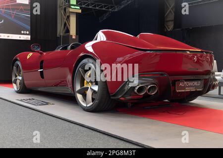 BRUSSELS, BELGIUM-DECEMBER 26, 2022: Ferrari Monza SP2 ('Icona' series), rear view, in Autoworld Brussels Stock Photo