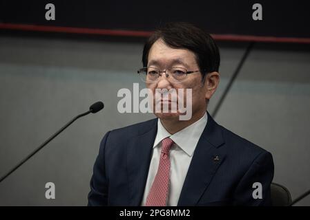 Takao Kato, President and CEO of the Mitsubishi Motors seen during a press conference at the event. The 44th Bangkok International Motor Show was held at Impact Muang Thong in Nonthaburi where more than 40 leading brands of automakers attended to exhibit their automotive products and technology including the new electric vehicles in the annual automobile showcase. (Photo by Peerapon Boonyakiat / SOPA Images/Sipa USA) Stock Photo