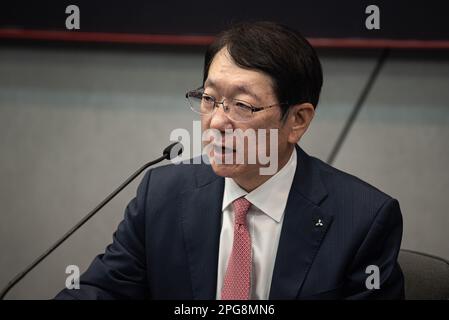 Takao Kato, President and CEO of the Mitsubishi Motors seen during a press conference at the event. The 44th Bangkok International Motor Show was held at Impact Muang Thong in Nonthaburi where more than 40 leading brands of automakers attended to exhibit their automotive products and technology including the new electric vehicles in the annual automobile showcase. (Photo by Peerapon Boonyakiat / SOPA Images/Sipa USA) Stock Photo