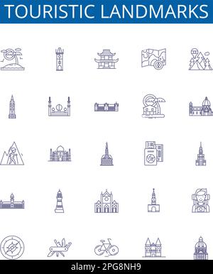 Touristic landmarks line icons signs set. Design collection of Tourist, Landmarks, Monuments, Palaces, Churches, Castles, Ruins, Statues outline Stock Vector