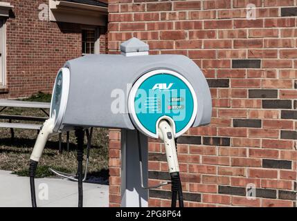 Indianapolis - Circa March 2023: AeroVironment EV Charging Station. AeroVironment plug-in vehicle stations are in business parking lots or home use. Stock Photo