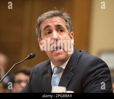 Washington DC, February 27, 2019, USA: Michael Cohen, President Donald J Trump's former personal lawyer, testifies at the House Oversight Committee at the US Capitol in Washington, DC. Cohen discussed  Trump's business practices and his dealings with the Trump Presidential campaign, including payoffs to women that Trump allegedly was involved with.  Patsy Lynch/MediaPunch Stock Photo