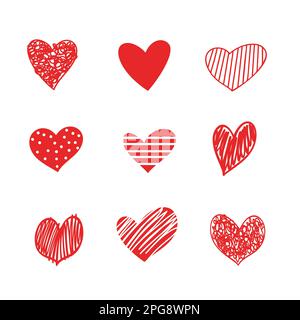 Doodle hearts sketch set. Various different hand drawn love heart icon love collection isolated on white background. Red heart symbol for Couple Stock Vector