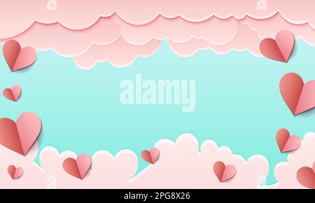 Poster or banner with sky and paper cut clouds.Red, pink and white flying hearts. Vector illustration. Paper cut decorations for Valentine's day Stock Vector