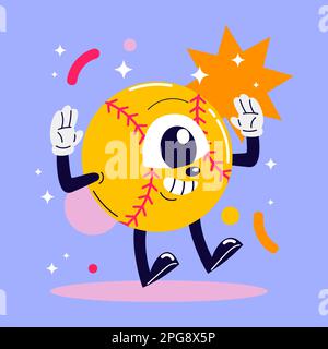 Baseball walking mascot vector illustration with face. for vintage retro logos and branding. funky vintage style cartoon face vector illustration Stock Vector