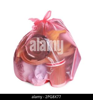 Plastic bag full of trash on white background. Recycling rubbish Stock Photo