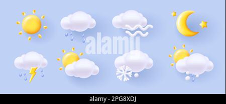 Weather icons set, 3d render soft shapes illustration of different weather conditions at night and day, isolated Stock Vector