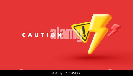 3d High voltage icon, danger. Electric hazard sign with lighting and triangle with exclamation mark. Digital render composition on red Stock Vector