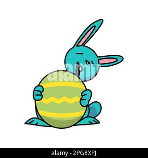 blue easter bunny holding green easter egg flat vector illustration Stock Vector