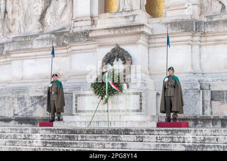 Rome, Italy - December 7, 2022: Tomb of the Unknown Soldier, under the statue of goddess Roma, at Altare della Patria, Rome. Stock Photo