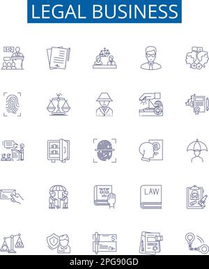Legal business line icons signs set. Design collection of Law, Business, Legal, Regulation, Contract, Court, Agreement, Litigation outline concept Stock Vector